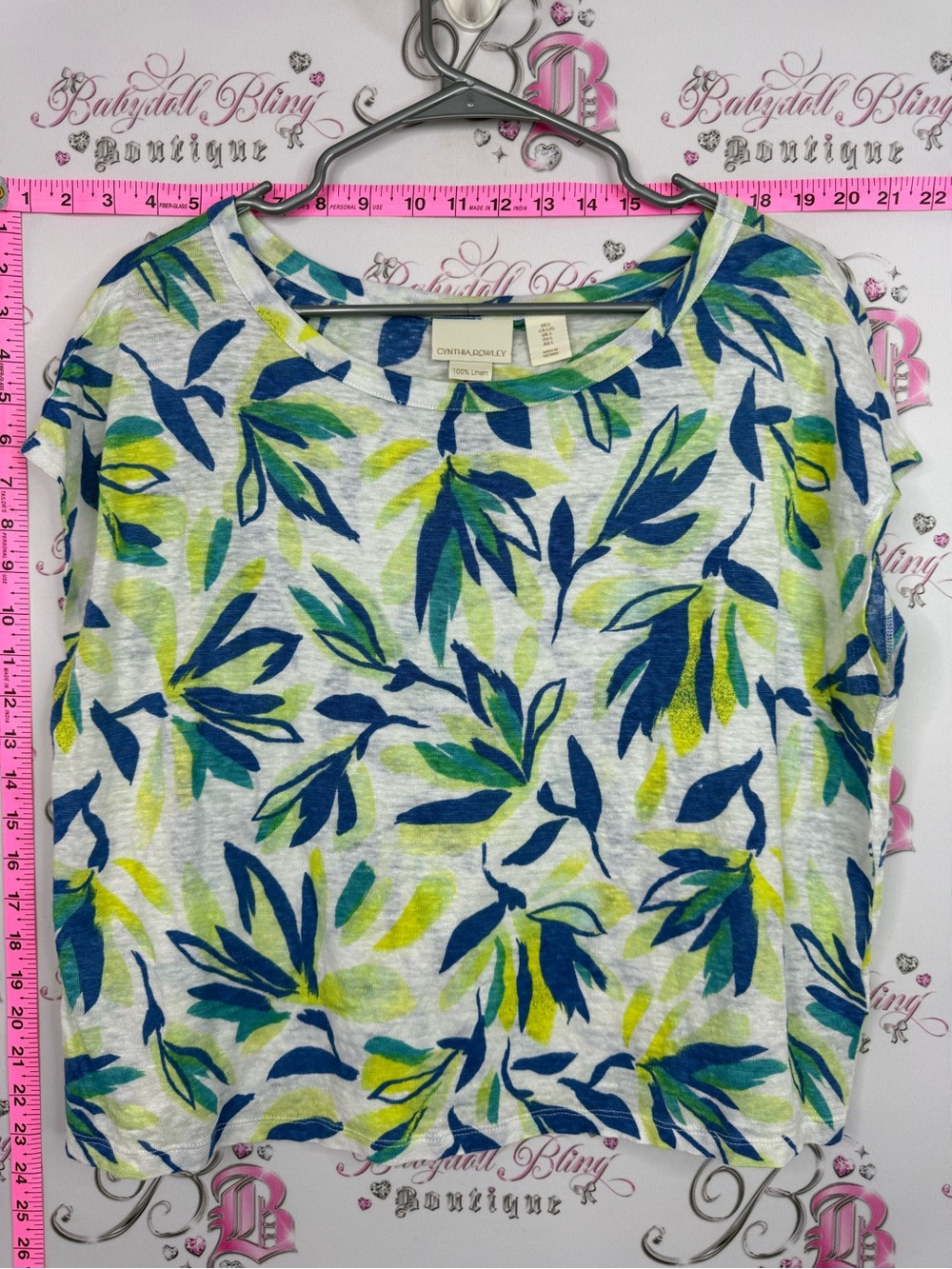 Cynthia Rowley Linen top White Tee with Blue and Green Leaf Print